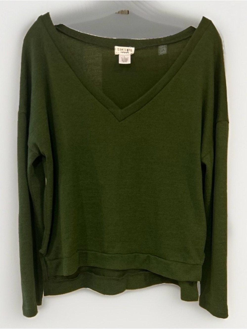 Vintage Contempo Casuals Olive Green V Neck Knit Top L